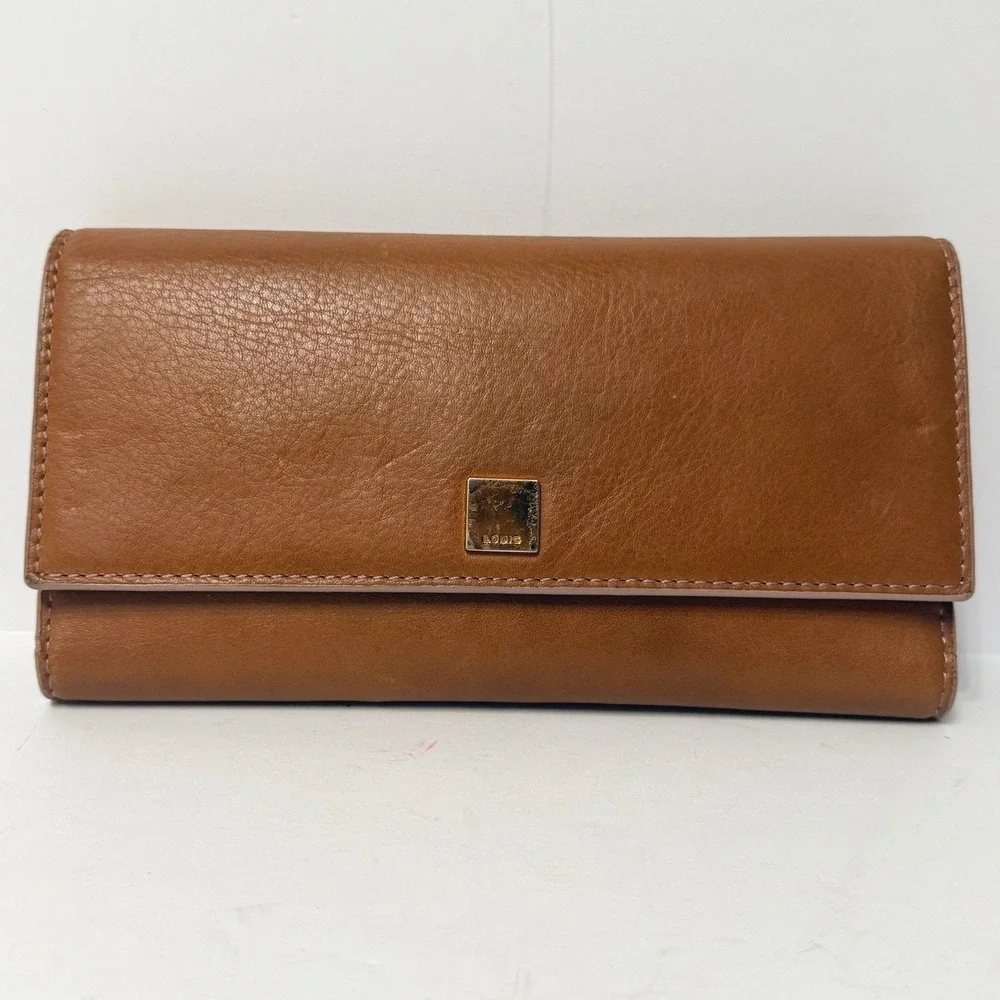 Lodis‎ Leather Classic Flap Snap Wallet Trifold Purse- Caramel Brown Card Holder